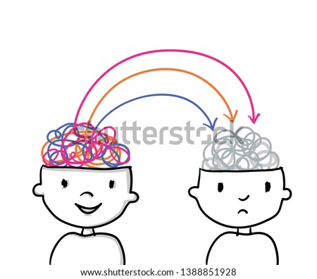 One human transfers positive feelings to a sad or depressive friend - he cheers him up - handdrawn cartoon Royalty-Free Stock Photo #1388851928