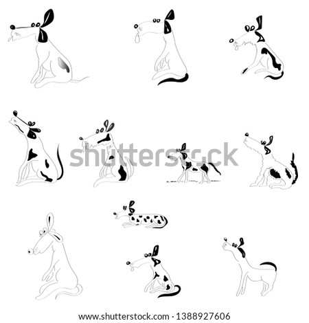 Hand-drawn black and white set of sketches of silhouettes of funny funny pets dogs on a white background