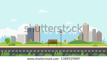 Bus stop on main street city with grass foreground.Public park with bench and bus stop with buidings and sky background.Beautiful nature scene with town and hill.Clean spring amazing scenery vector.  Royalty-Free Stock Photo #1388929889
