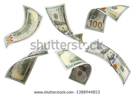 Set of flying 100 dollars banknotes, isolated on white background Royalty-Free Stock Photo #1388944853