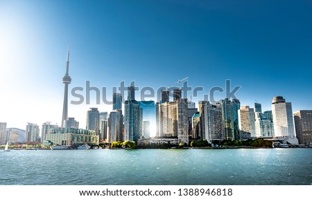 Panoramic view of Toronto skyline on clear day. Ontario, Canada 