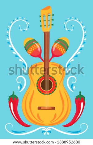 Guitar, maracas, red chili pepper. Mexican print poster.