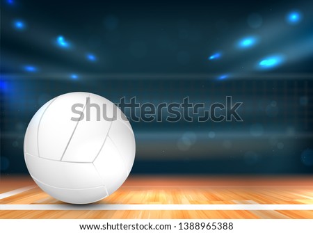 Volleyball ball on wooden floor and sport arena with net and blurred background lights - vector illustration