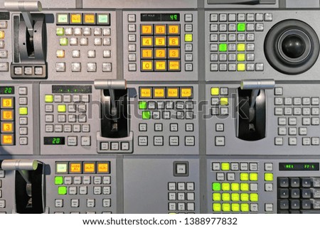 Top view of Switcher buttons in studio TV station, Audio and Video Production Switcher of Television Broadcast. 