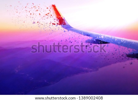 Dissolving vibrant texture of sunset view of sky and clouds from window of aircraft flight 