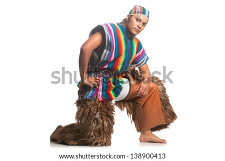 ecuadorian dancer dressed up in formal outfit from the highlands llama or alpaca pants studio shot isolated on white color makeup white material ritual ecuador venezuela formal facial latin isolated c