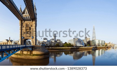 Panoramic view of Tower Bridge and London city skyline across Thames River
