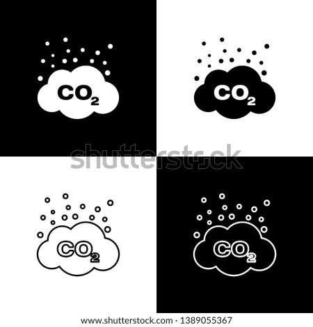 Set CO2 emissions in cloud icons isolated on black and white background. Carbon dioxide formula symbol, smog pollution concept, environment concept. Line, outline and linear. Vector Illustration