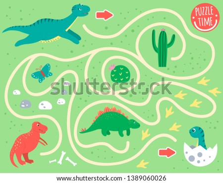 Maze for children. Preschool activity with dinosaur. Puzzle game with diplodocus, T-rex, baby dino. Cute funny smiling characters.
