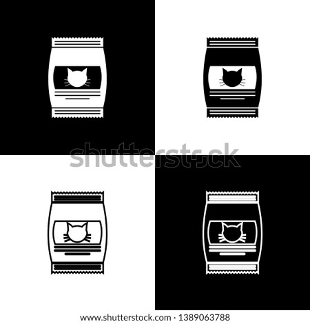 Set Bag of food for cat icons isolated on black and white background. Food for animals. Pet food package. Vector Illustration