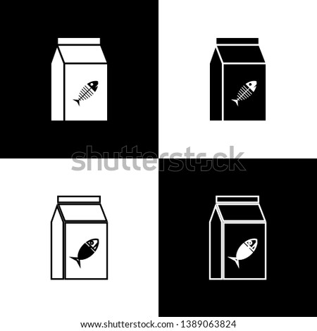 Set Bag of food for cat icons isolated on black and white background. Fish skeleton sign. Food for animals. Pet food package. Vector Illustration