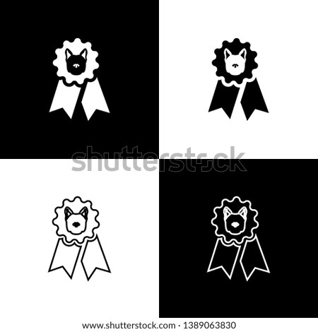 Set Dog award symbol icons isolated on black and white background. Medal with dog footprint as pets exhibition winner concept. Vector Illustration