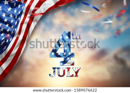 Creative background, inscription 4th of July on a beautiful sunset, Independence Day, American flag. Independence Day Banner of America, postcard, democracy