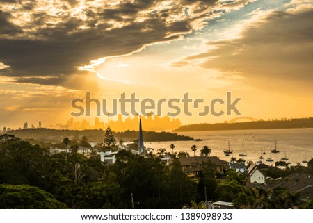 Sunset view of the Sydney skyline from Watsons Bay 