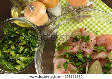 Chicken meat in glass bowl,herbs and spices close-up