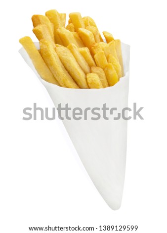 Potato chips and paper cone isolated against white background Royalty-Free Stock Photo #1389129599