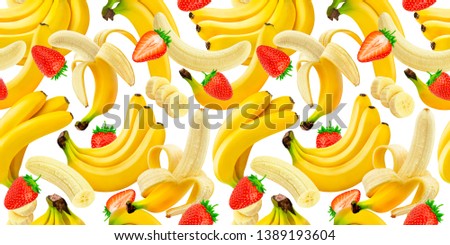 Banana and strawberry seamless pattern, falling bananas and strawberries isolated on white background with clipping path, exotic fruit texture