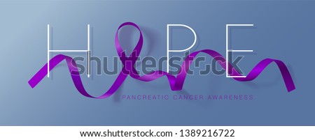 Hope. Pancreatic Cancer Awareness Calligraphy Poster Design. Realistic Purple Ribbon. November is Cancer Awareness Month. Vector Illustration