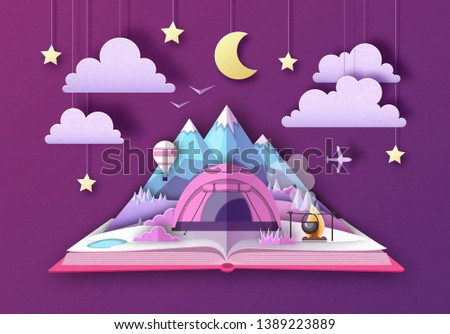 Open fairy tale book with Mountains landscape and camping. Cut out paper art style design