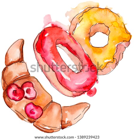 Tasty cake and bun in a watercolor style isolated element. Hand drawning fashion aquarelle. Background food illustration set. Watercolour drawing fashion aquarelle.
