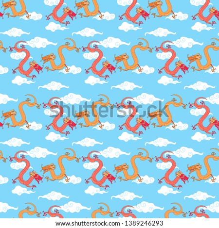 Seamless pattern with traditional asian dragons. Vector illustration 