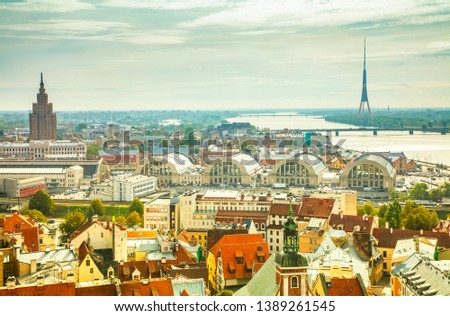Riga old town aerial view, Latvia, toned photo