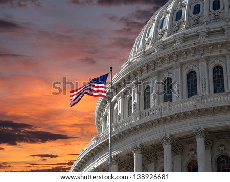 Sunset sky over the US Capitol building dome in Washington DC. Royalty-Free Stock Photo #138926681