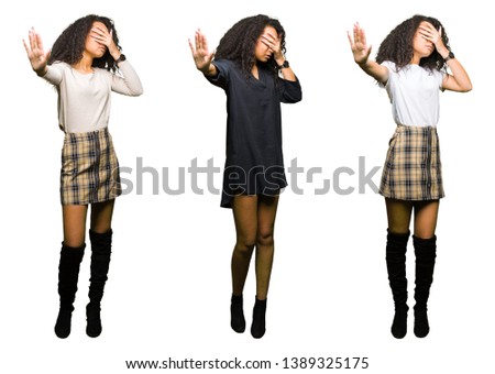 Collage of young woman over isolated white background covering eyes with hands and doing stop gesture with sad and fear expression. Embarrassed and negative concept.