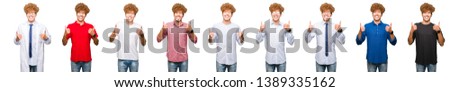 Collage of young man wearing different looks over isolated white background success sign doing positive gesture with hand, thumbs up smiling and happy. Looking at the camera with cheerful expression