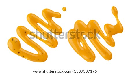 Mustard sauce, splash of honey mustard salad dressing isolated on white background with clipping path, top view Royalty-Free Stock Photo #1389337175