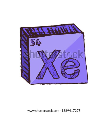 Vector three-dimensional hand drawn chemical violet symbol of noble gas xenon with an abbreviation Xe from the periodic table of the elements isolated on a white background.
