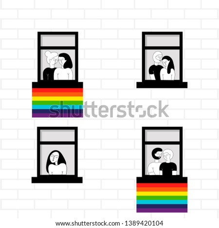 Windows of a lesbian couple, single girl, a gay couple and a heterosexual couple. LGBT flag on the window. Vector illustration in doodle style.