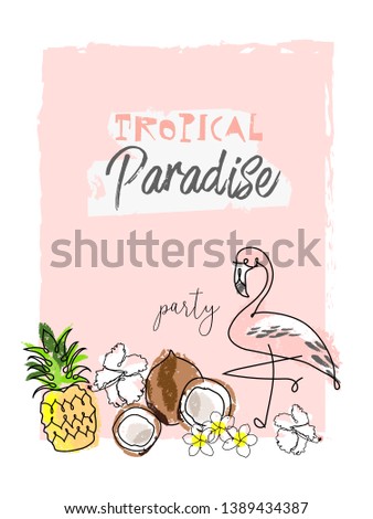 cute tropical summer card with cartoon doodle hand drawn vector elements