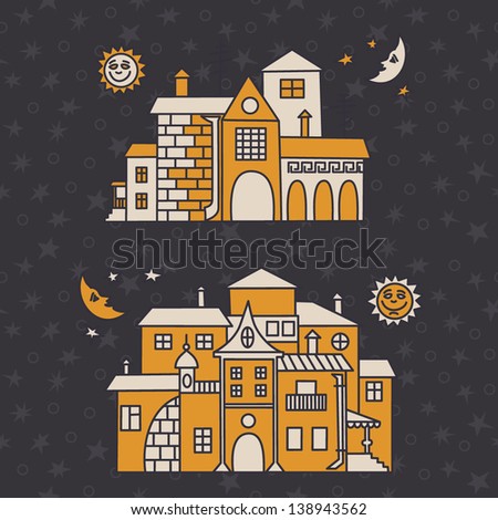 Two fabulous houses in the night star sky. Vector illustration.