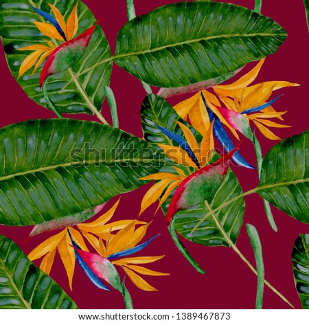 Watercolor seamless pattern with strelitzia. Jungle palm leaves. Fashion style seamless background. Tropical flower background. Exotic floral seamless pattern. Bright summer print. 