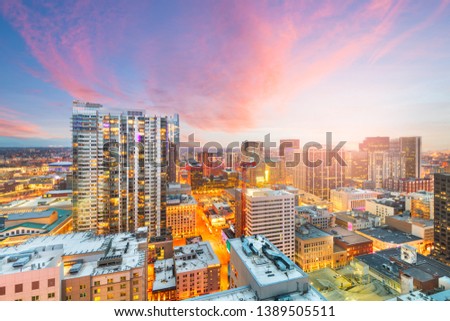 Denver, Colorado, USA downtown cityscape rooftop view at dusk. 