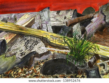 a watercolour painting of wooden rubbish