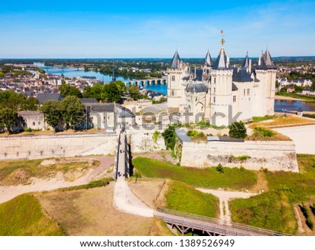 Chateau de Saumur castle aerial panoramic view in Saumur city, Loire valler in France Royalty-Free Stock Photo #1389526949