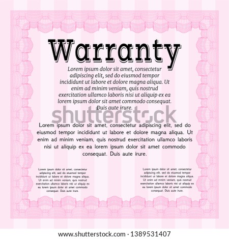 Pink Vintage Warranty Certificate template. With complex background. Vector illustration. Nice design. 