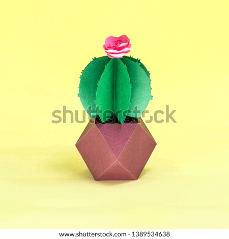 Paper cactus in handcrafted flower pots. Paper art and craft. Trendy hobby. Minimal decorative concept