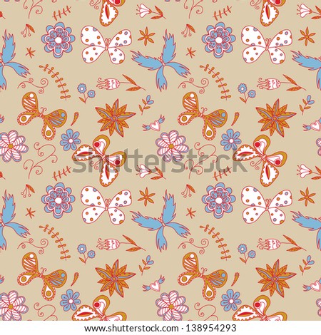 Seamless texture with flowers and butterflies.