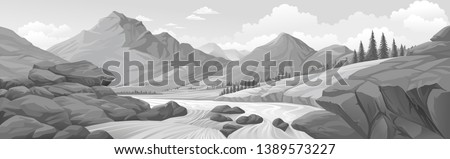 Rocks squeezing water streams across the mountain landscape Royalty-Free Stock Photo #1389573227