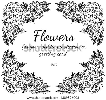 Wreath of roses or peonies flowers and branches isolated on white background. Foral frame design elements for invitations, greeting cards, posters. Hand drawn vector illustration. Line art. Sketch.