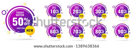 Sale tags set vector badges template, up to 10, 20, 90, 80, 30, 40, 50, 60, 70 percent off, vector illustracion. Royalty-Free Stock Photo #1389638366