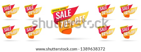 Sale tags set vector badges template, up to 10, 20, 90, 80, 30, 40, 50, 60, 70 percent off, vector illustracion. Royalty-Free Stock Photo #1389638372