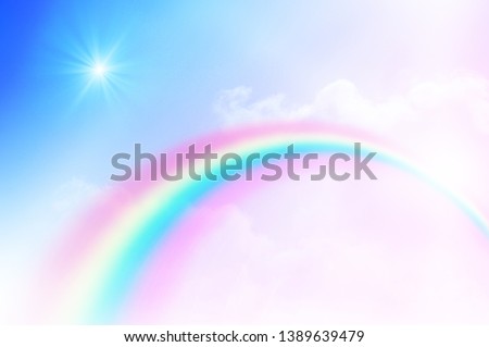 fantasy magical landscape rainbow on sky abstract big volume texture fluffy clouds shine close up view straight, cotton wool, pink purple pastel colors sun fabulous background 