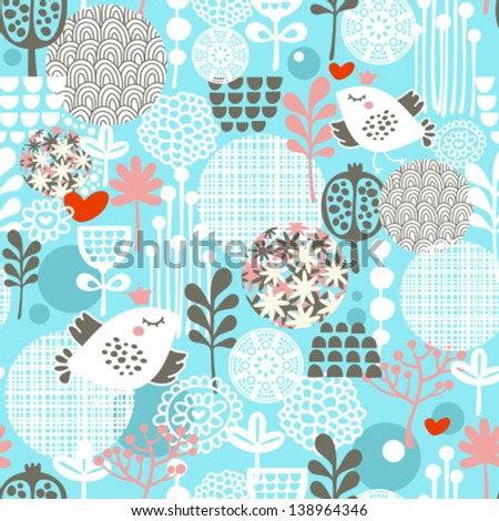 Cute seamless pattern with  birds, hearts and flowers. Vector texture.