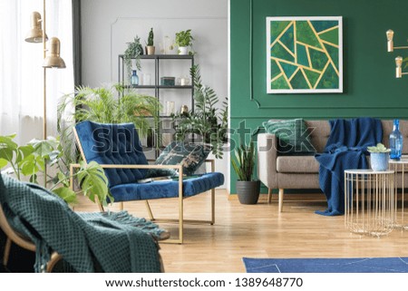 Real photo of green and blue living room interior