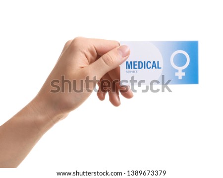 Girl holding medical business card isolated on white, closeup. Women's health service