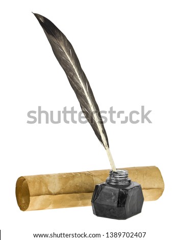 Inkwell with feather and old paper isolated on white background Royalty-Free Stock Photo #1389702407